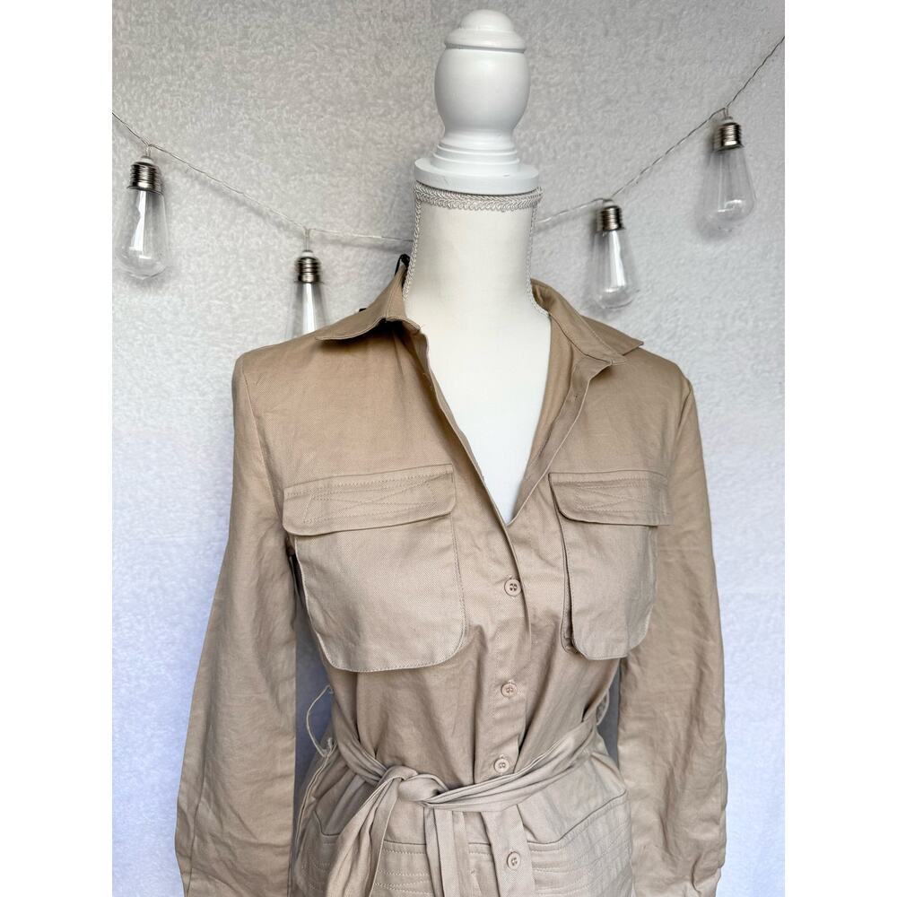 NWT Pretty Little Thing Fawn Khaki Utility Tie Waist Shirt Dress Women's Small - Picture 7 of 13